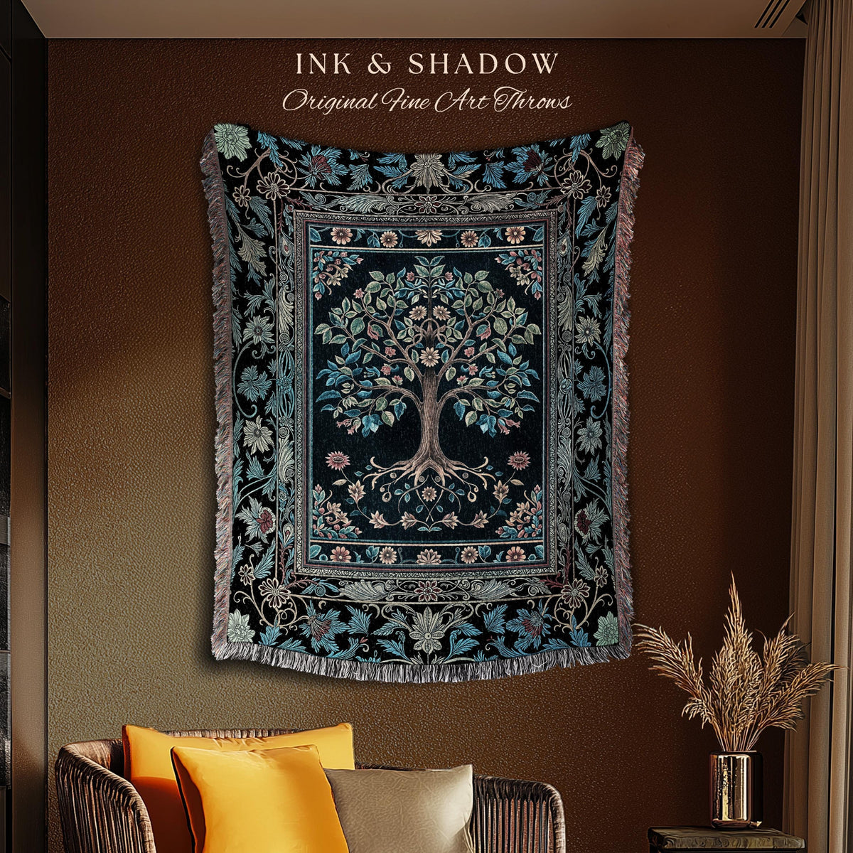 Moody Gothic Blues Tree of Life Throw Blanket | Mystical Garden Theme Vintage Floral Decor Romantic Folk Art Forestcore Woven Tapestry Boho