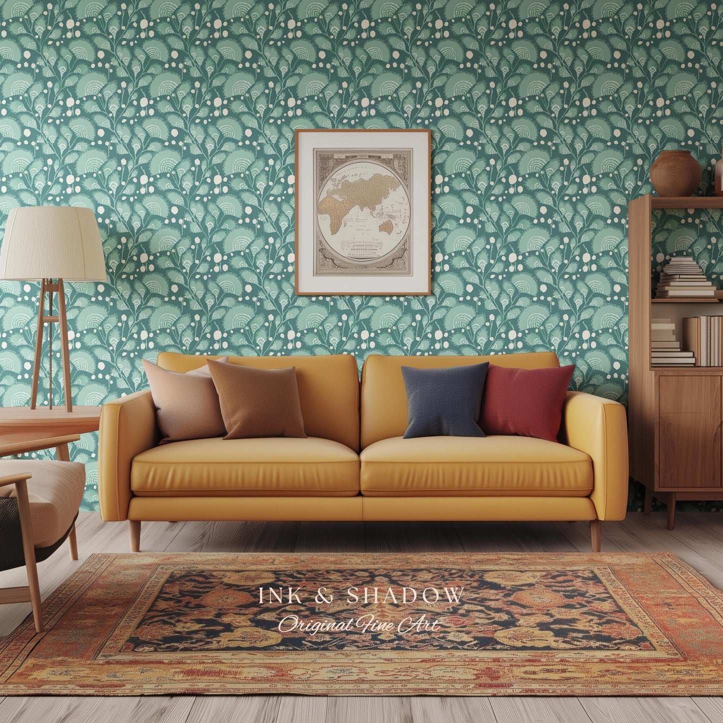 Teal Blue Accent Wallpaper | Stylish Home Decor Whimsical Peel & Stick Wall Art Maximalist Boho Cottage Style Bedroom Renter Friendly Art