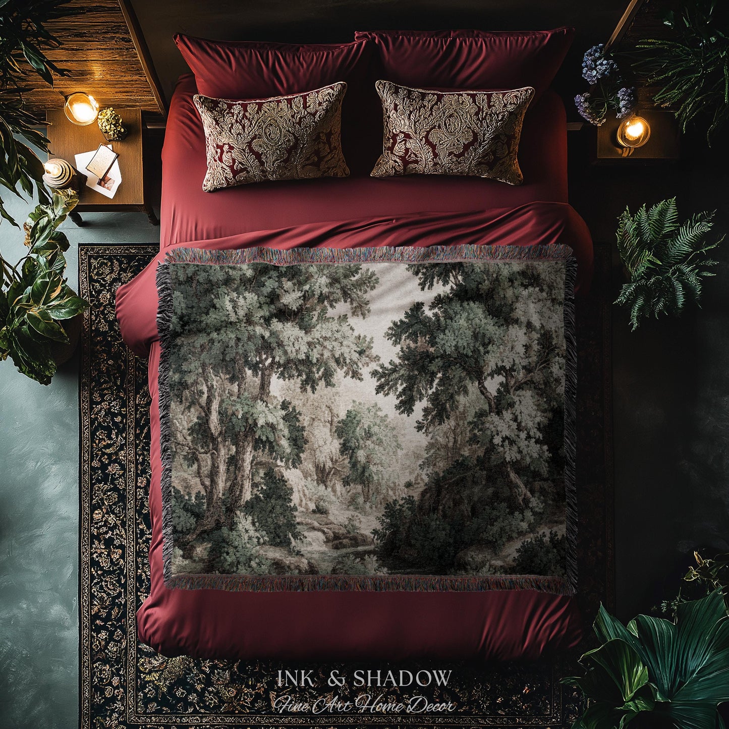 Tonalist Landscape Romantic Verdure Tapestry | Old World Woodland Landscape Muted Greenery European Jacquard Throw Blanket Traditional Art