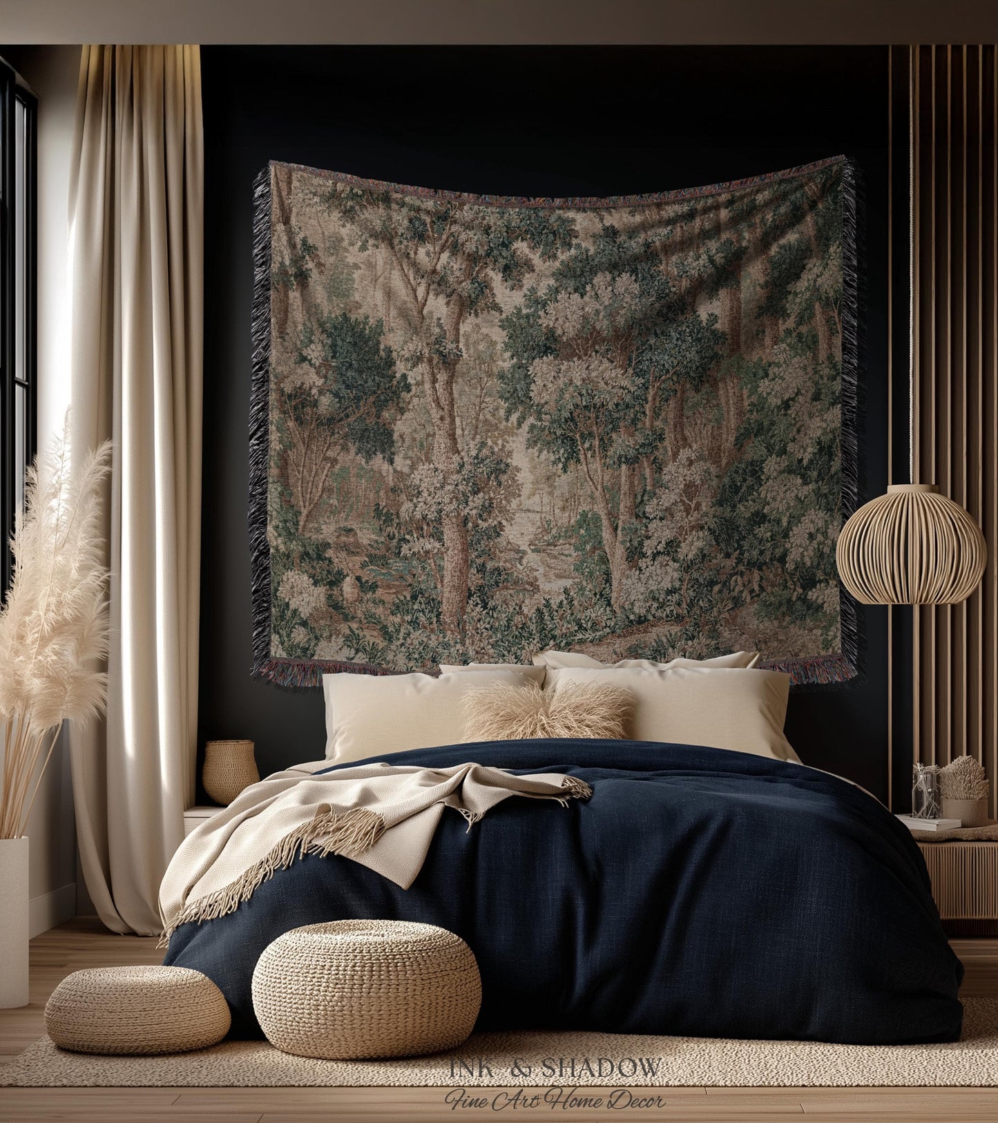 Pastoral Woodland Scene Forest Wall Hanging Jacquard Tapestry, European Verdure French Country Style Romantic Landscape Woven Throw Blanket