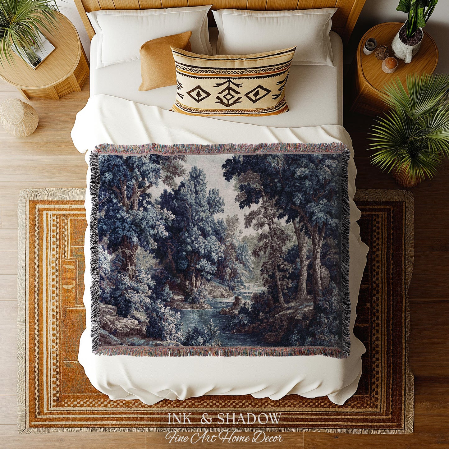 Cozy Jacquard Woven Indigo Verdure Tapestry | Museum Wall Art Early Decorative Textile Romantic Rococo Landscape Forest Timeless French Home