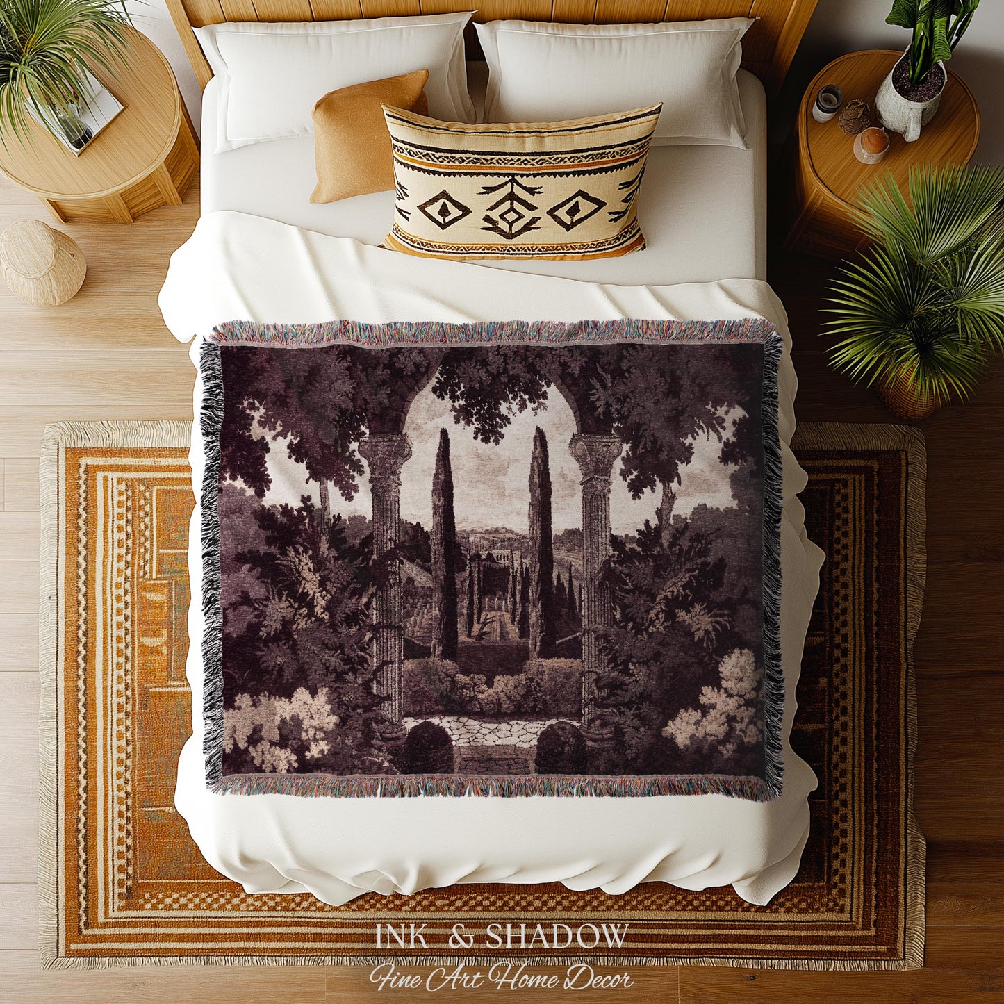 Cypress Garden Terrace Tapestry Wall Hanging | Woven Jacquard Neoclassical Italian Scenery Botanical European Estate Landscape Verdure Art