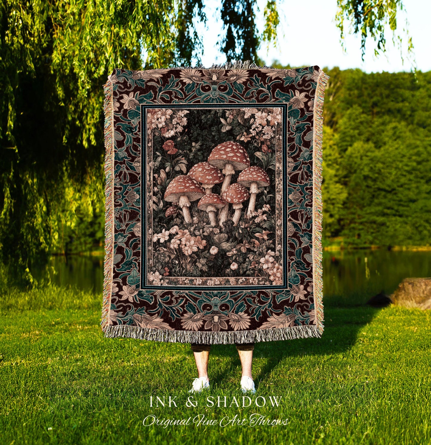Magical Mushroom Eclectic Woven Blanket | Fairy Aesthetic Throw Whimsigoth Forest Decor Whimsical Fairycore Tapestry Cute Housewarming Gift