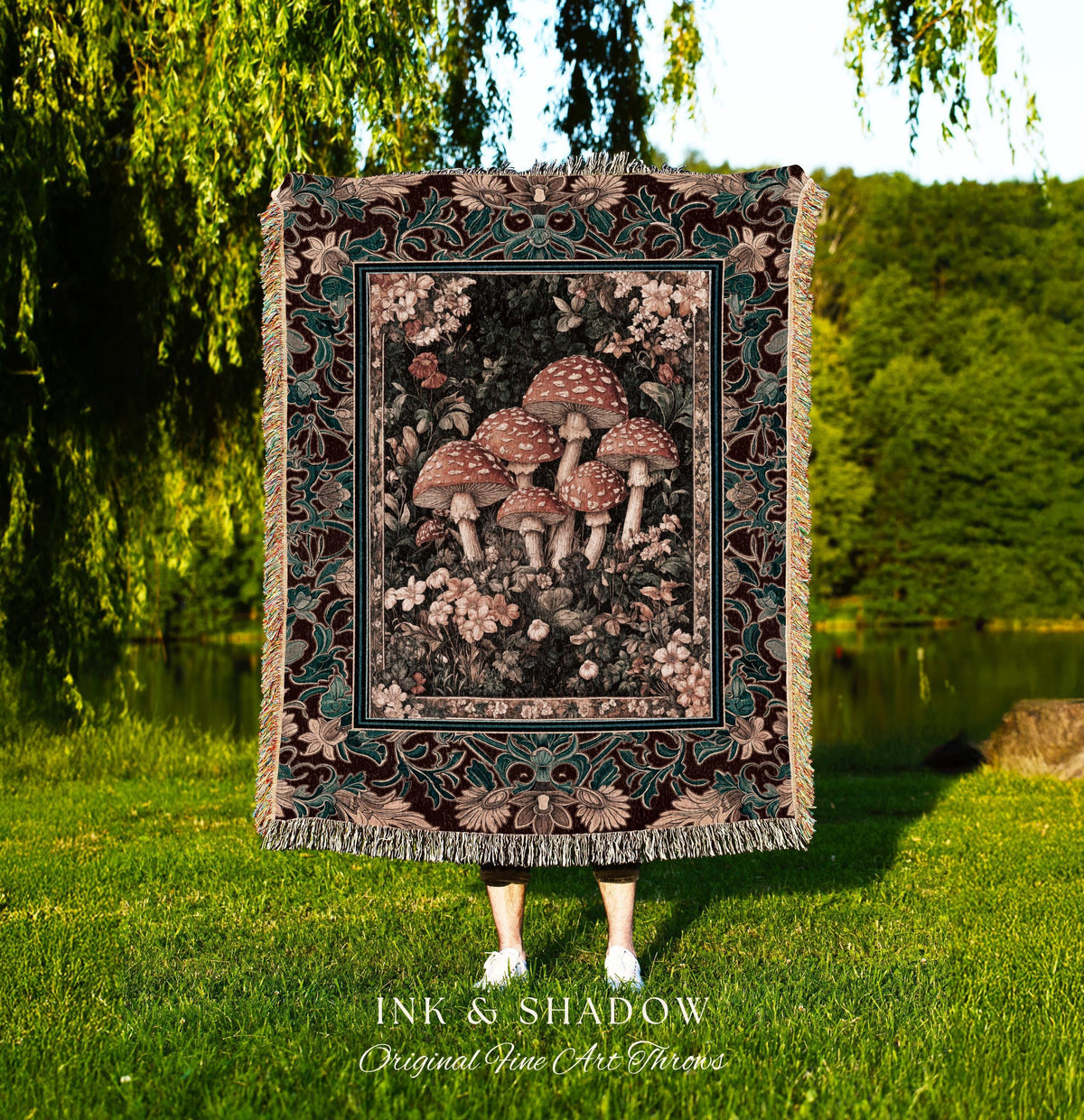Magical Mushroom Eclectic Woven Blanket | Fairy Aesthetic Throw Whimsigoth Forest Decor Whimsical Fairycore Tapestry Cute Housewarming Gift