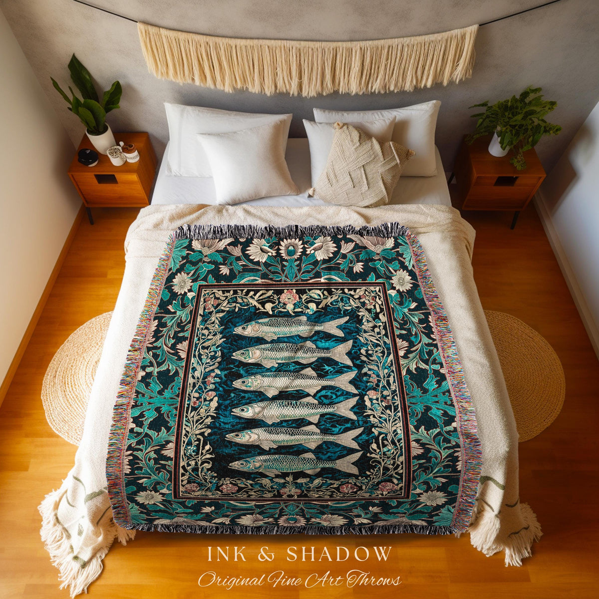 Bohemian Whimsy Sardine Blanket Coastal Ocean Academia Decor, Fairy Grunge Cottagecore Sealife Marine Rustic Fish Beach House Tapestry Throw