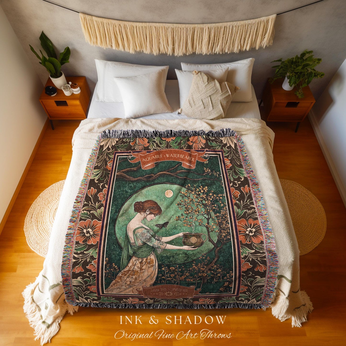 Victorian Nouveau Celestial Fairycore Aquarius Zodiac Tapestry Throw | The Water Bearer Star Sign Moonlit Astrology Art Birth Month Blanket