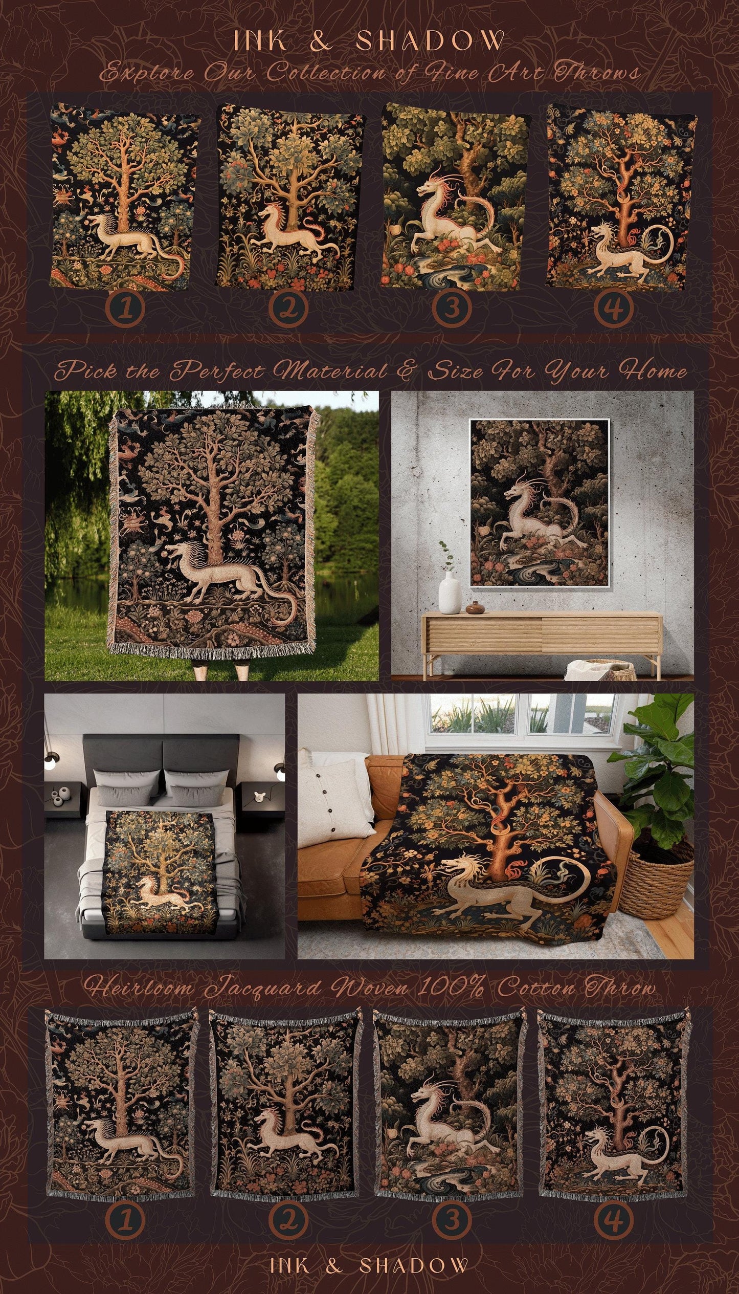 Medieval Dragon Tapestry | Mystical Tapestry Morris Style Room Decor Fairy Core Aesthetic Woven Blanket Maximalist Gift For Goths