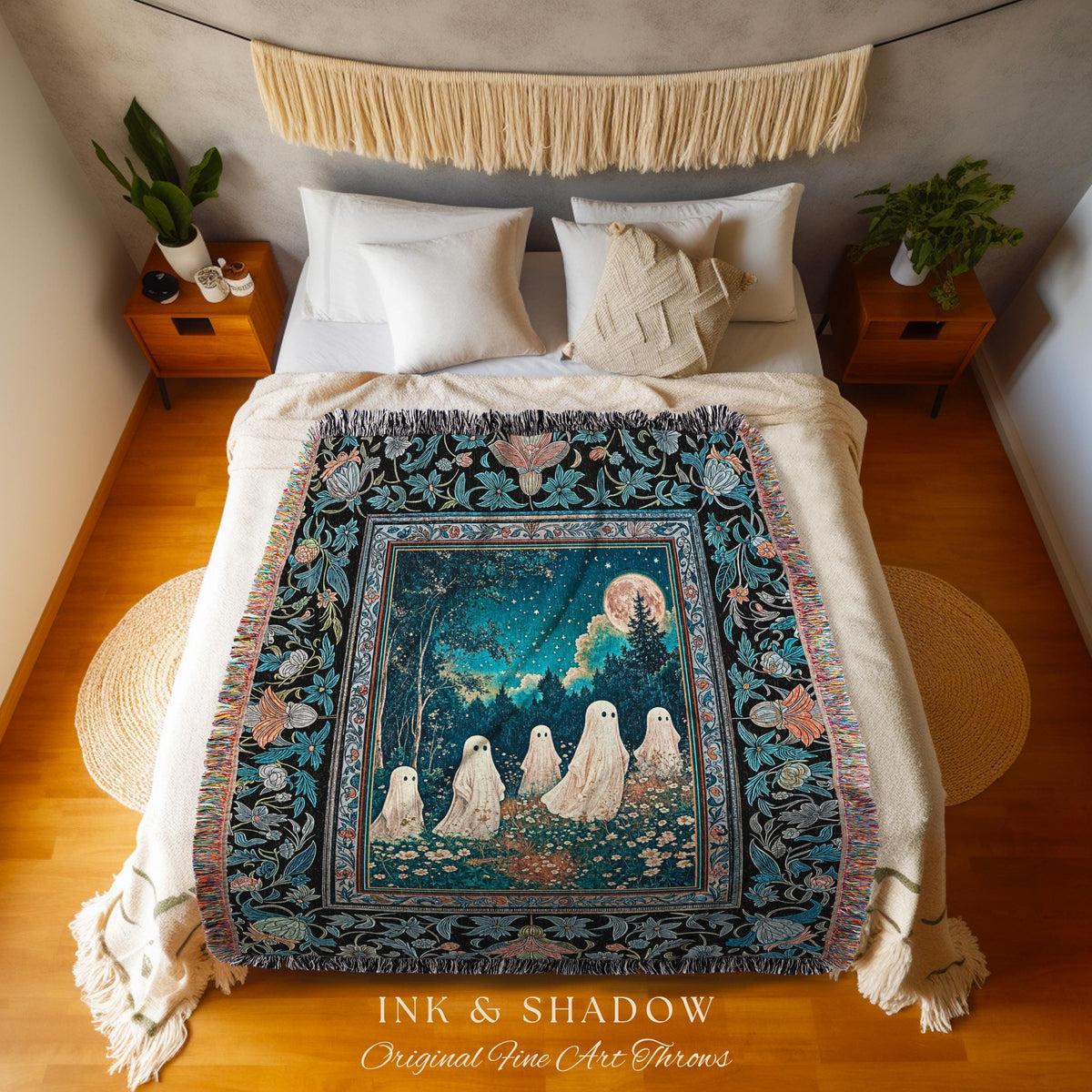 Dark Forest Spirits Ethereal Blanket | Whimsigothic Woven Tapestry Halloween Decor Floral Gothic Maximalist Mystic Cottagecore Home Accent |