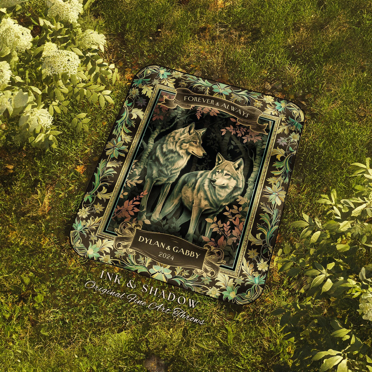 Fairycore Wolf Couple Personalized Woven Blanket | Gothic Forest Witchy Woodland Wolf Lovers Throw Dark Floral Aesthetic Anniversary Gift