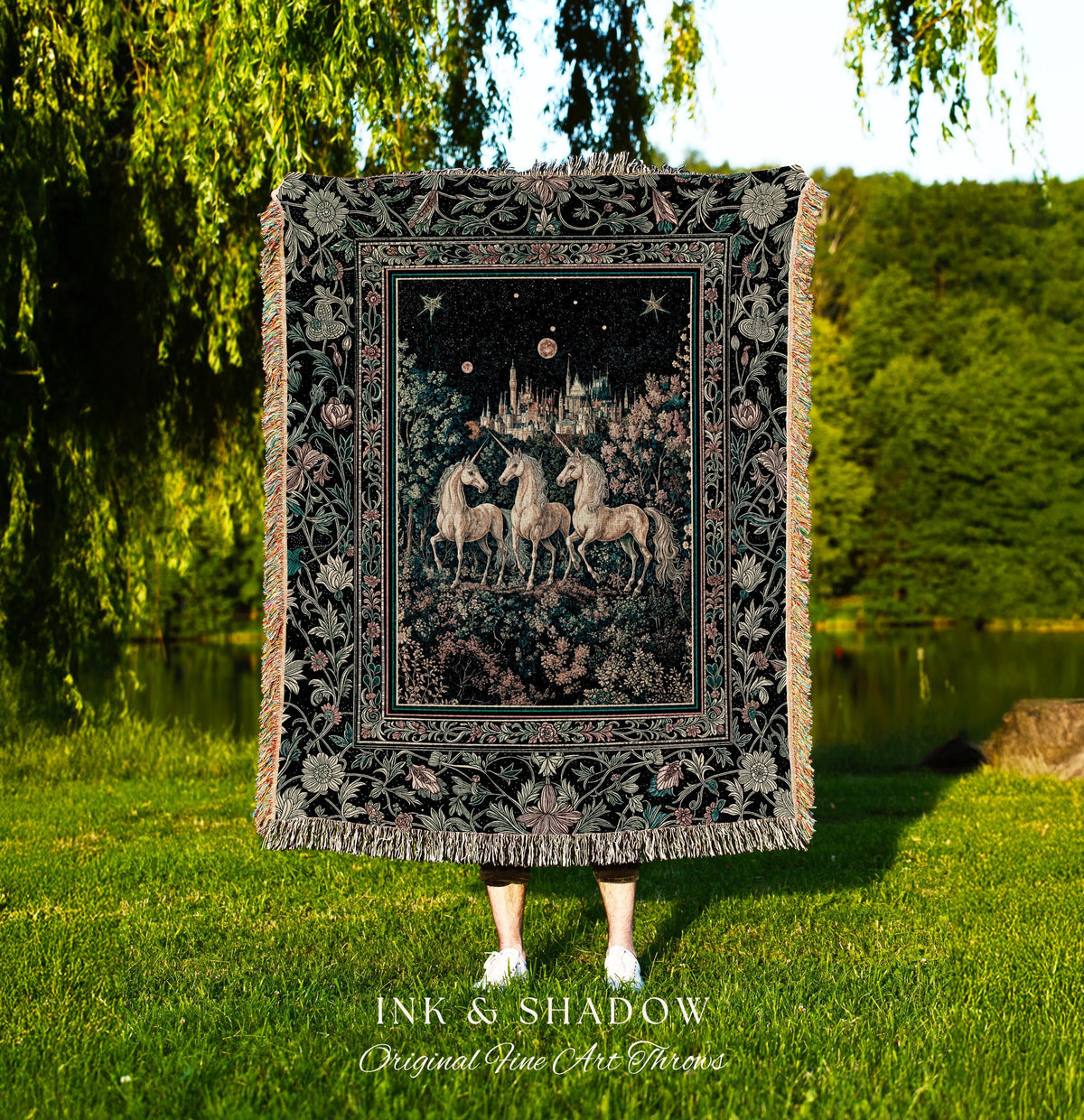 Mystic Academia Unicorn Wall Tapestry | Dark Victorian Gothic Floral Landscape Magical Elegance Woven Throw Blanket Storybook Fairytale Art