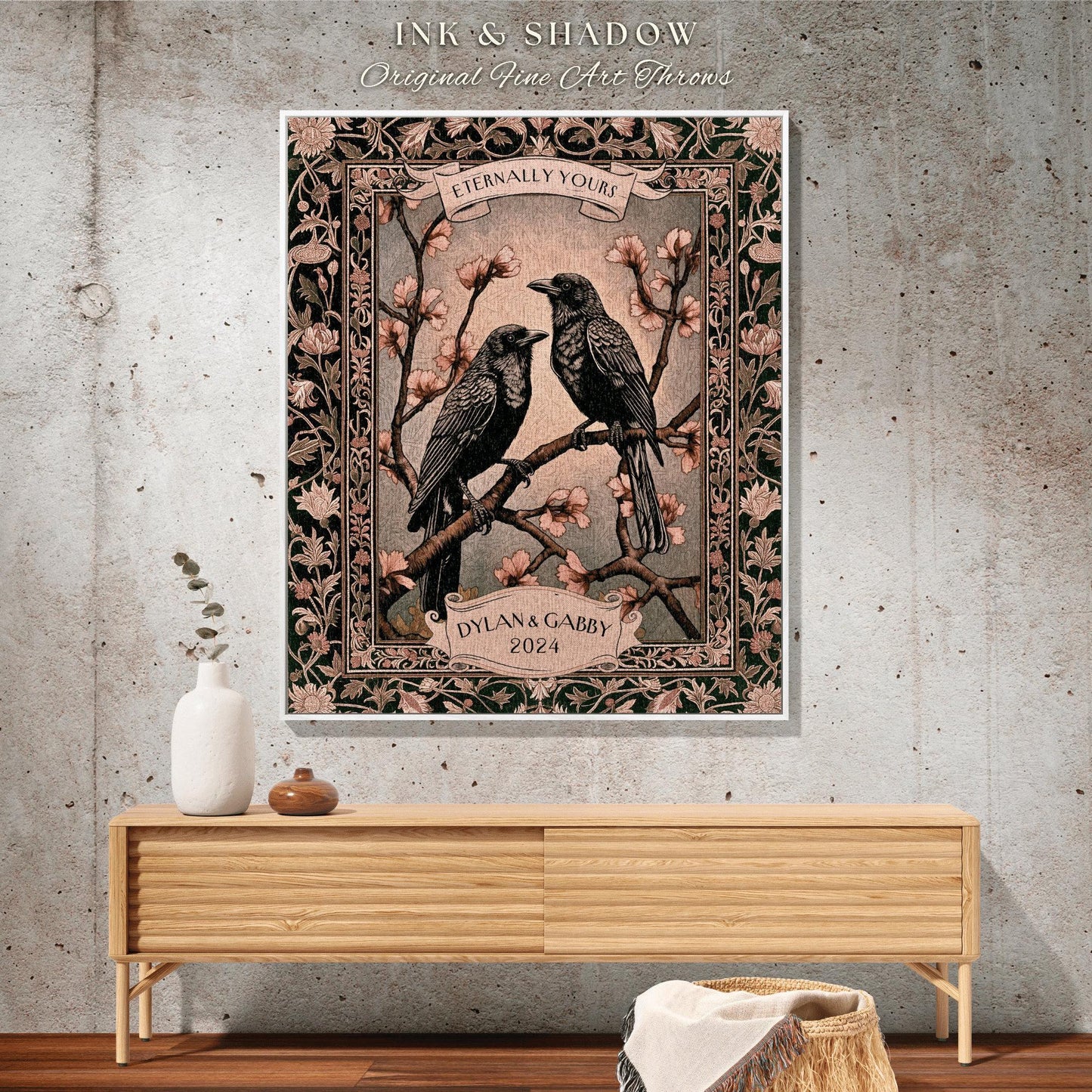 Floral Raven Couple Personalized Blanket | Crow Core Couple Dark Academia Aesthetic Woven Throw Custom Name Gift Tapestry Whimsical Decor |