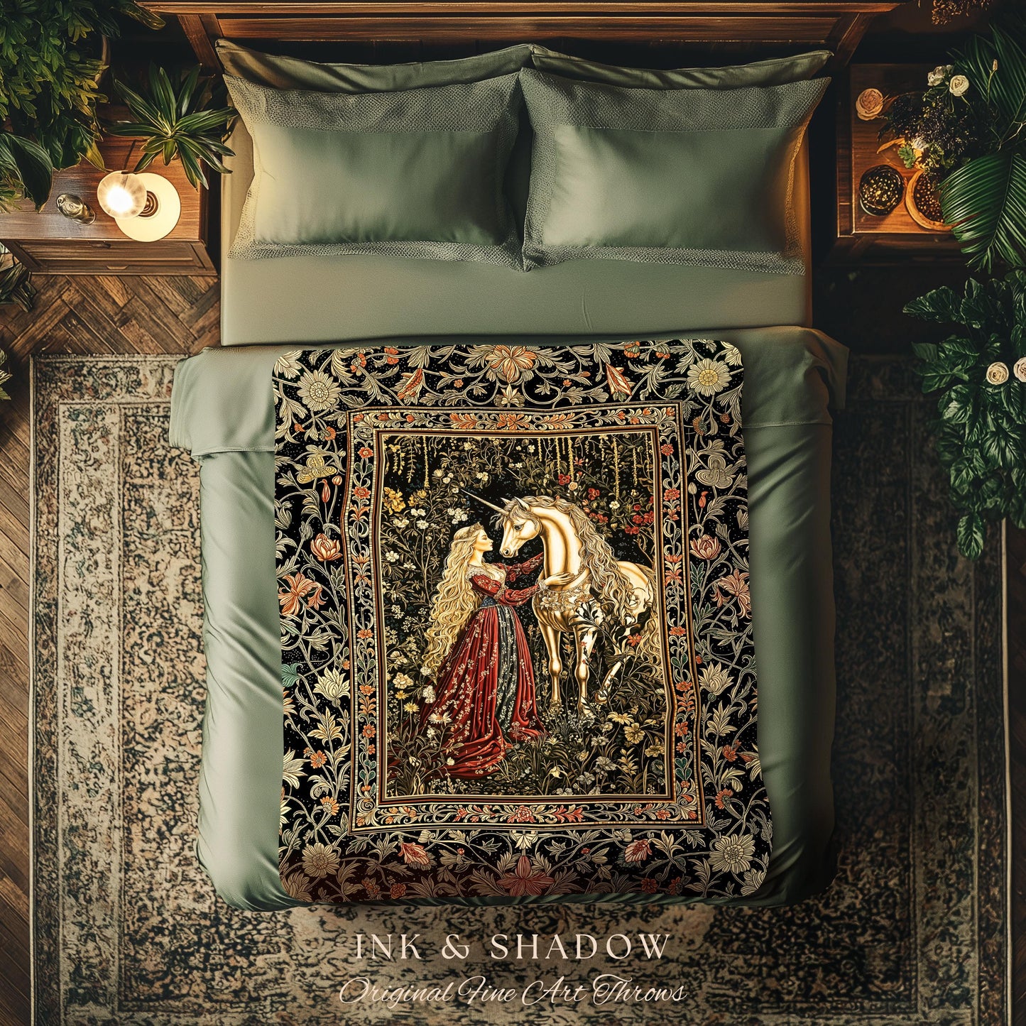 Romantic Fairytale Unicorn Throw Blanket | Regency Dark Cottagecore Coquette Woven Tapestry Dreamy Rococo Bedroom Storybook Gothic Decor |
