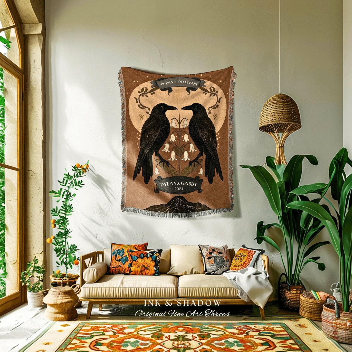 Mystic Crow Couple Custom Woven Blanket | Crow Core Couple Dark Academia Aesthetic Witchy Throw Custom Name Gift Tapestry Minimalist Decor |