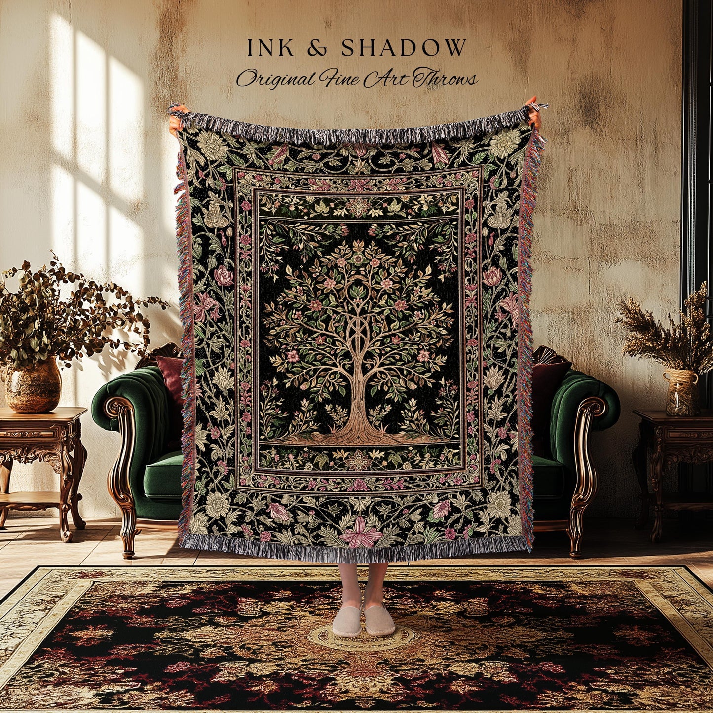 Art Nouveau Maximalist Tree Tapestry Blanket Jacquard Woven Coverlet