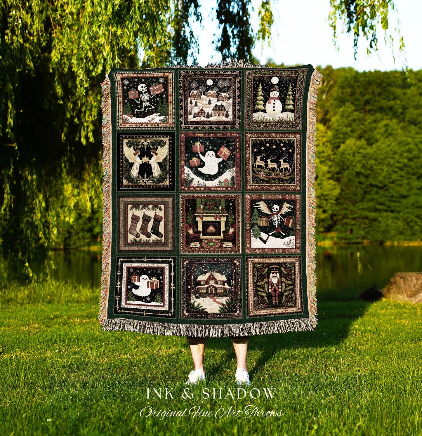 Retro Festive Skeleton Xmas Blanket | Merry Gothmas Christmas Season Cozy Seasonal Holiday Gift Cottagecore Ghost Winter Witchy Skeleton |