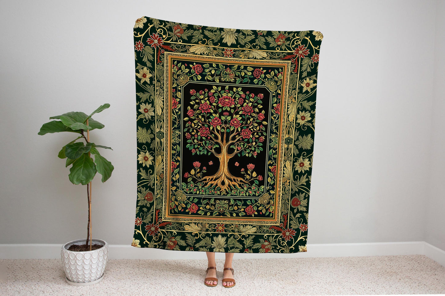 Floral Victorian Garden Tree Tapestry Blanket Jacquard Woven Coverlet