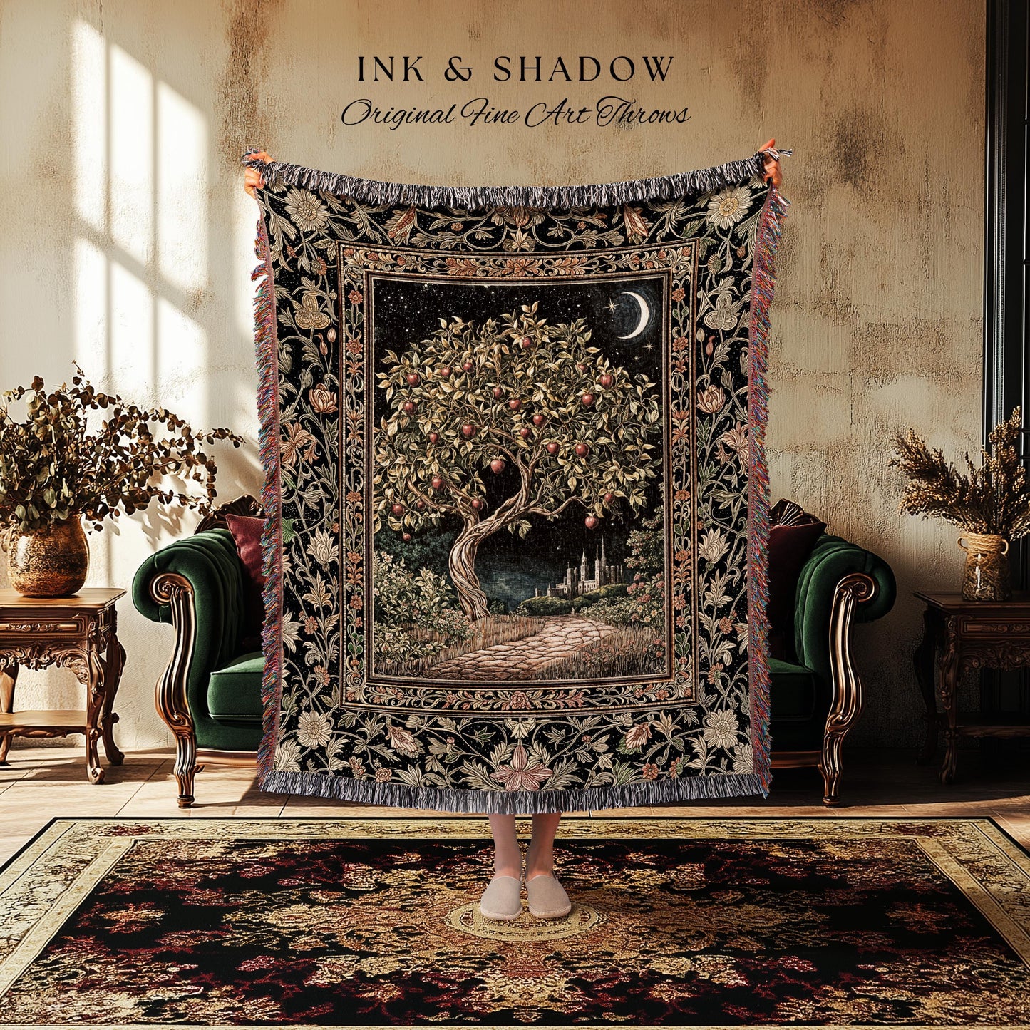 Starlit Storybook Tree Blanket | Dreamy Woven Bedroom Decor Folklore Castle Garden Magic Moody Celestial Home Folklore Tapestry Bohemian |
