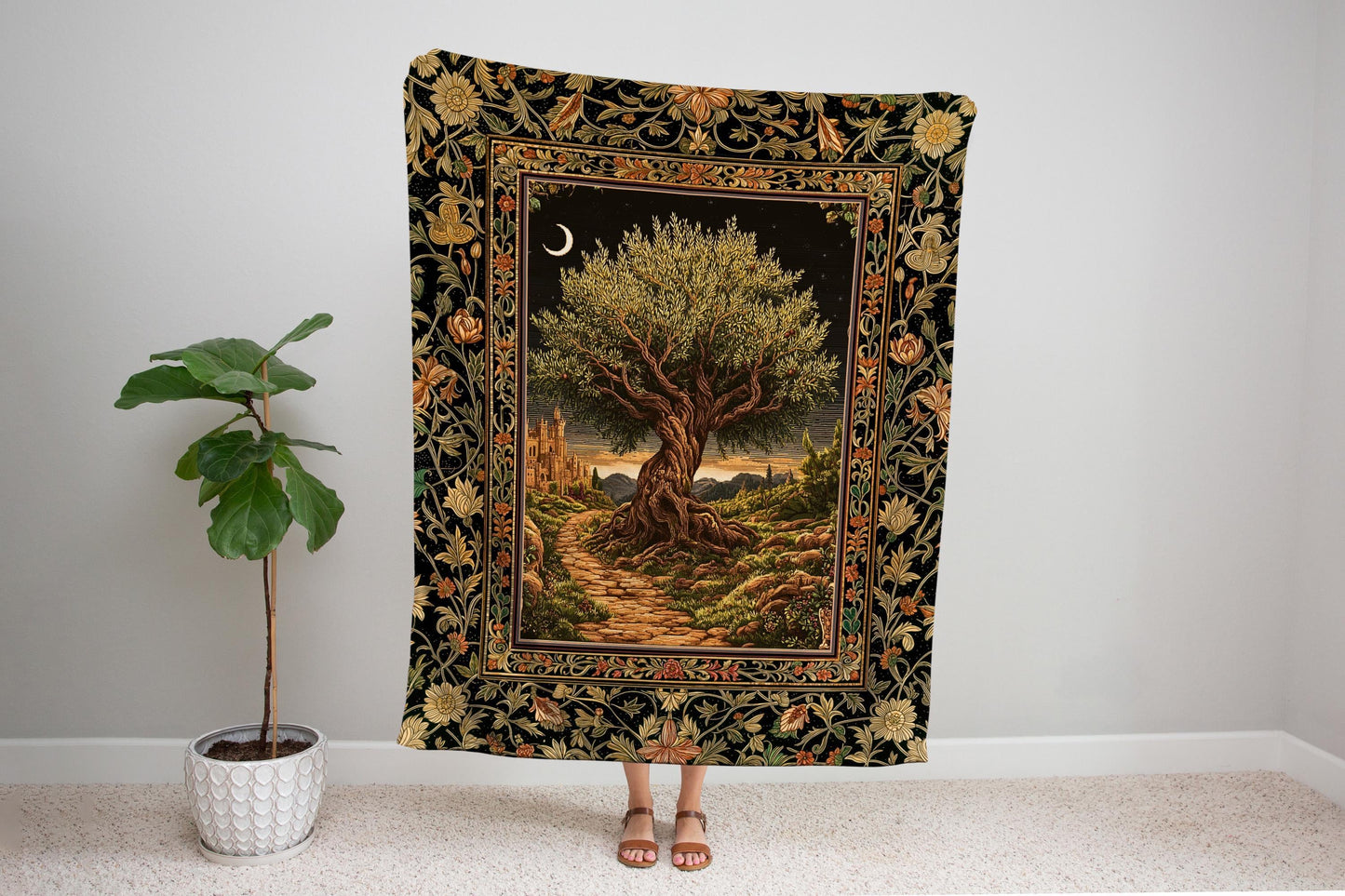 Rustic Castle Olive Tree Whimsical Throw Blanket Woven Cotton Wall Tapestry