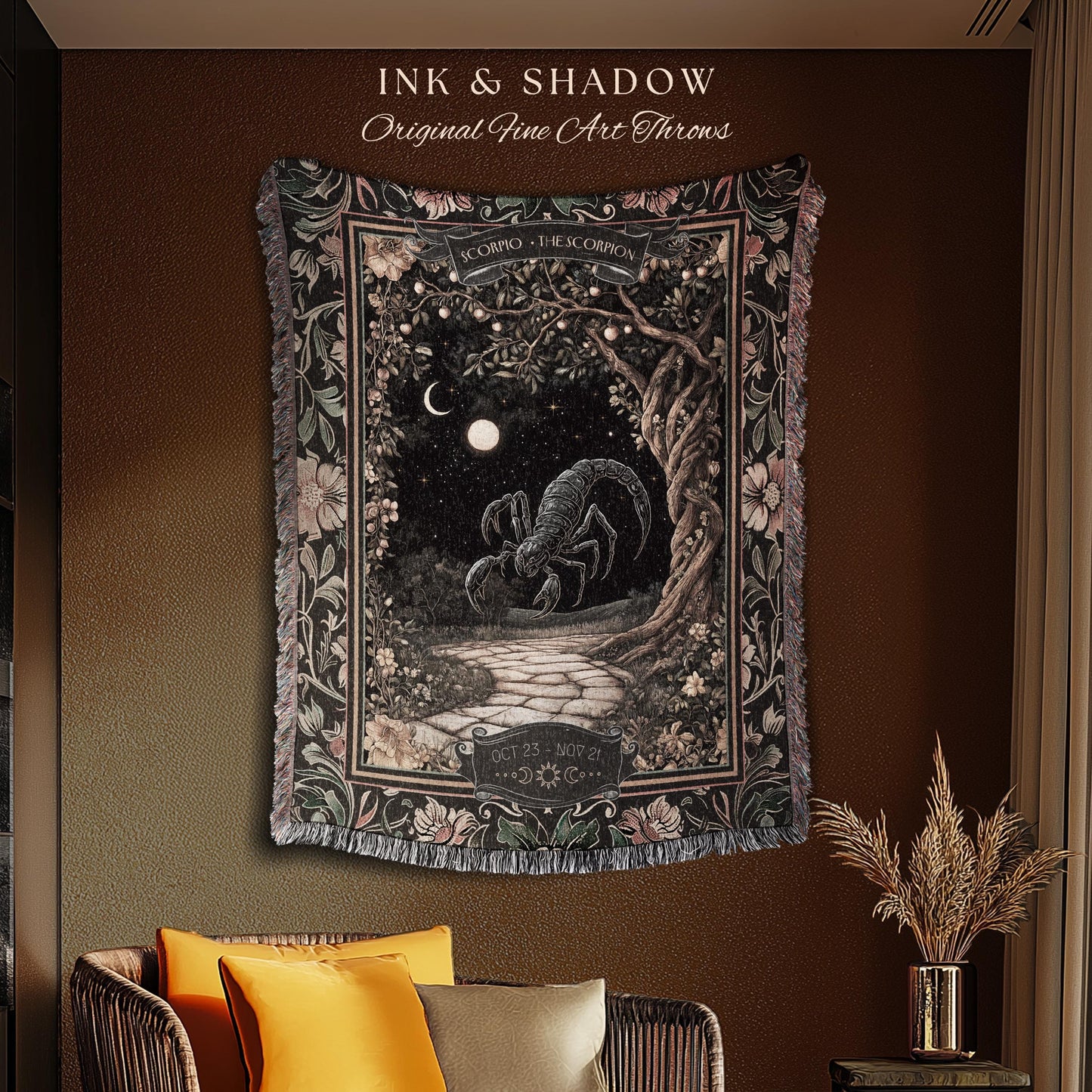 Antique Baroque Scorpio Astrology Tapestry Dark Woodland Gothic Zodiac Blanket | The Scorpion Mystic Forestcore Night Sky Birth Month Decor