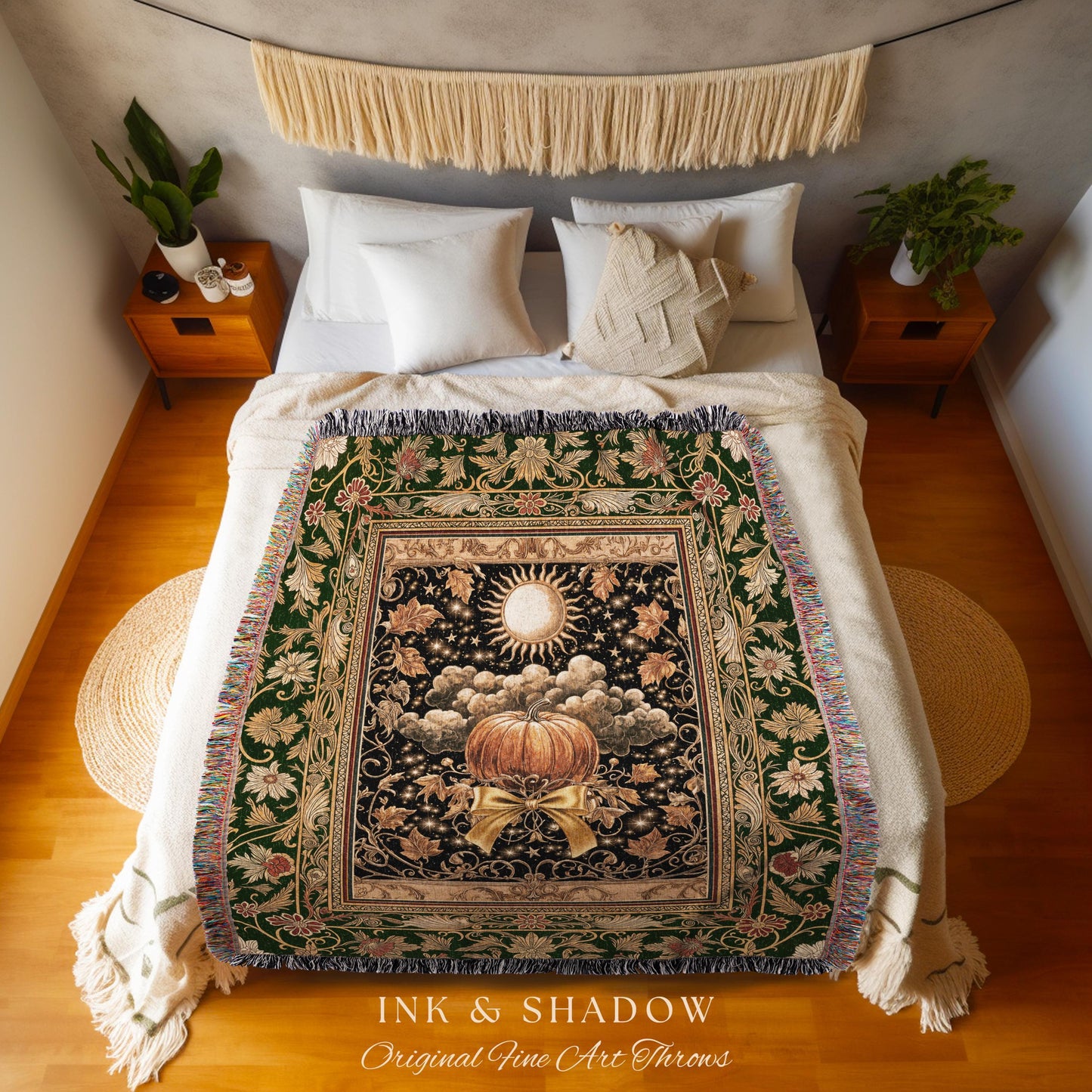 Fall Aesthetic Pumpkin Wall Tapestry | Spooky Cozy Woven Throw Blanket Moody Accent Autumn Decor Amber Night Gothic Folklore Elegant Harvest