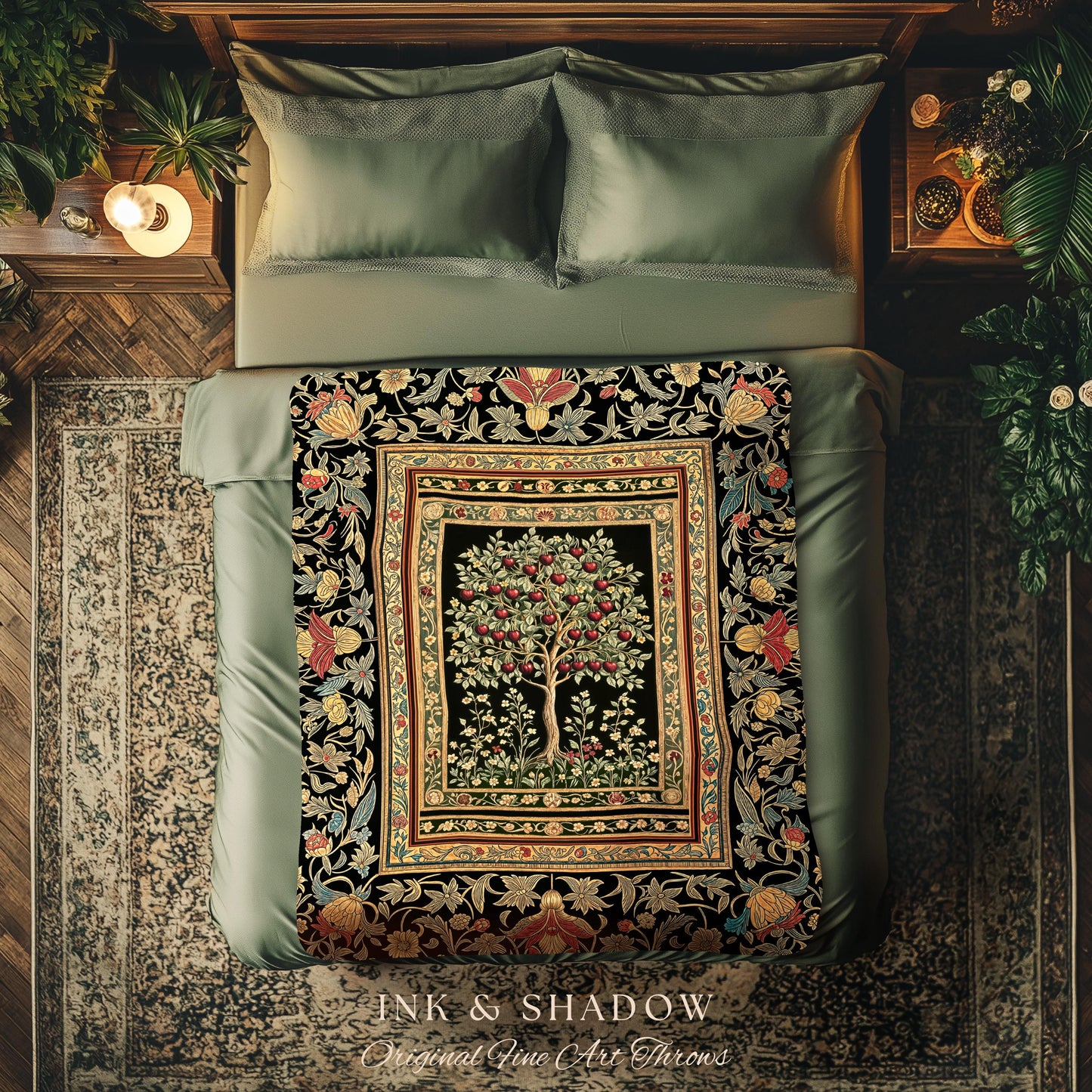 Rustic Garden Tree of Life Throw Blanket | Medieval Floral Motif Gothic Botanical Decor Romantic Baroque Woven Tapestry Cherry Aesthetic |