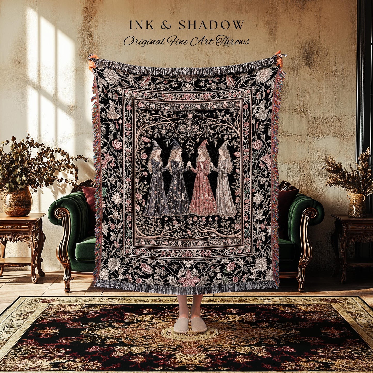 Medieval Maiden Gathering Tapestry Blanket Romantic Gothic Folklore Decor | Enchanted Botanical Courtship Woven Wall Art Fairytale Romance