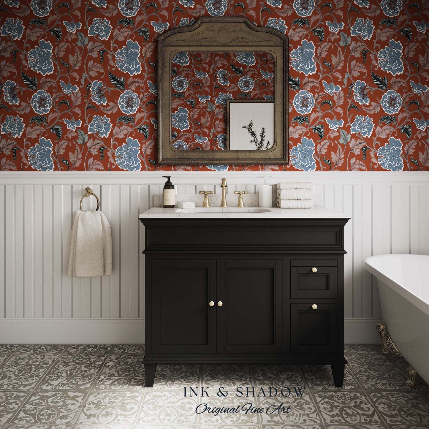 Intricate Florals Rustic Wallpaper | Peel & Stick Chinoiserie Wall Decor Renter Friendly Elegant Maximalist Chateau Rust Orange Blue Flowers