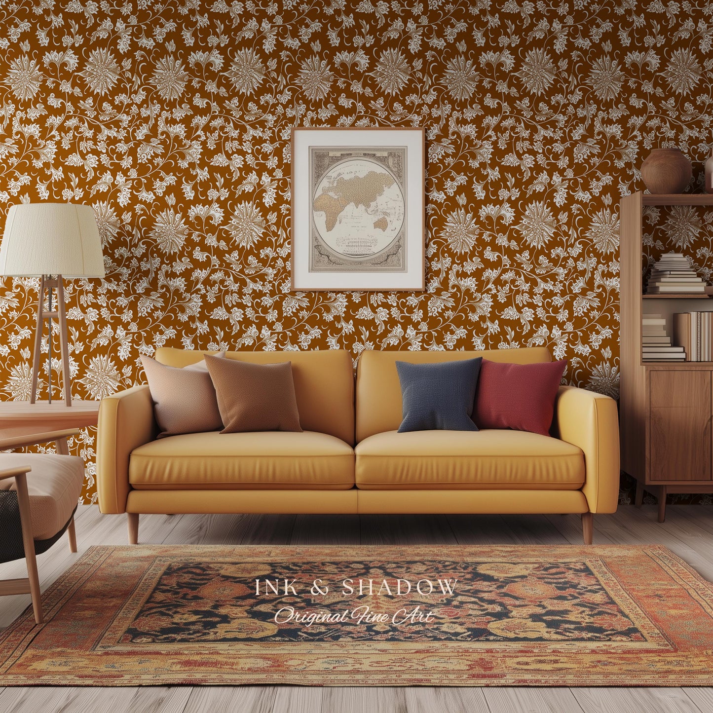 Floral Ochre European Inspired Wallpaper | Refined Old World Elegance Mustard Yellow Peel and Stick Home Decor French Chateau Aesthetic
