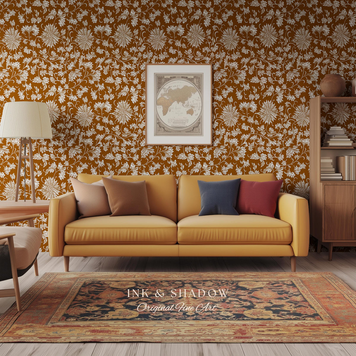 Floral Ochre European Inspired Wallpaper | Refined Old World Elegance Mustard Yellow Peel and Stick Home Decor French Chateau Aesthetic