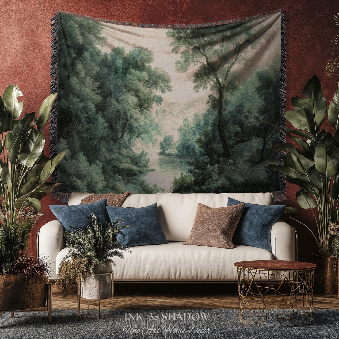 English Riverbank Soft Nature Wall Art | Hazy Green Woodland Traditional Verdure Tapestry Pastoral Scenery Botanical Woven Throw Blanket