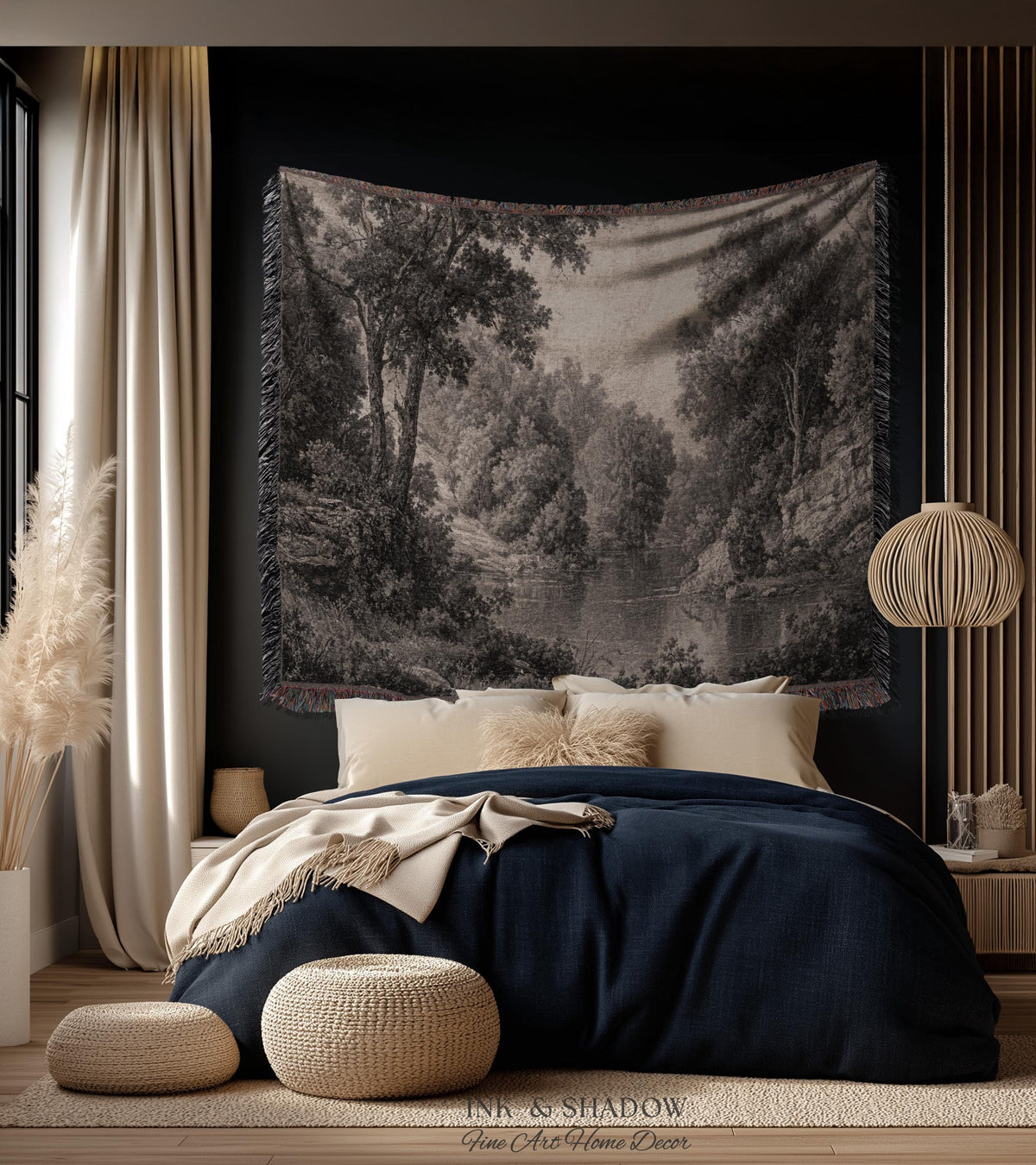 Monochromatic Mountain Lake Landscape Tapestry Wall Art | Neutral Tonal Old World Woodland Valley Waterway Woven Textile Traditional Decor