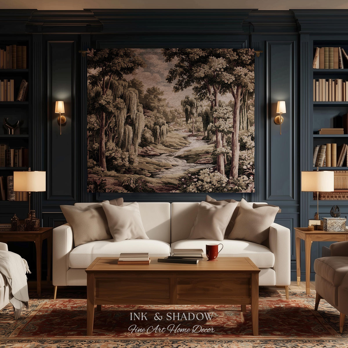 French Landscape River Scene Willow Tree Enchanted Forest Verdure Tapestry, Pastoral Wall Decor Aubusson Style Woven Throw Tranquil Home Art