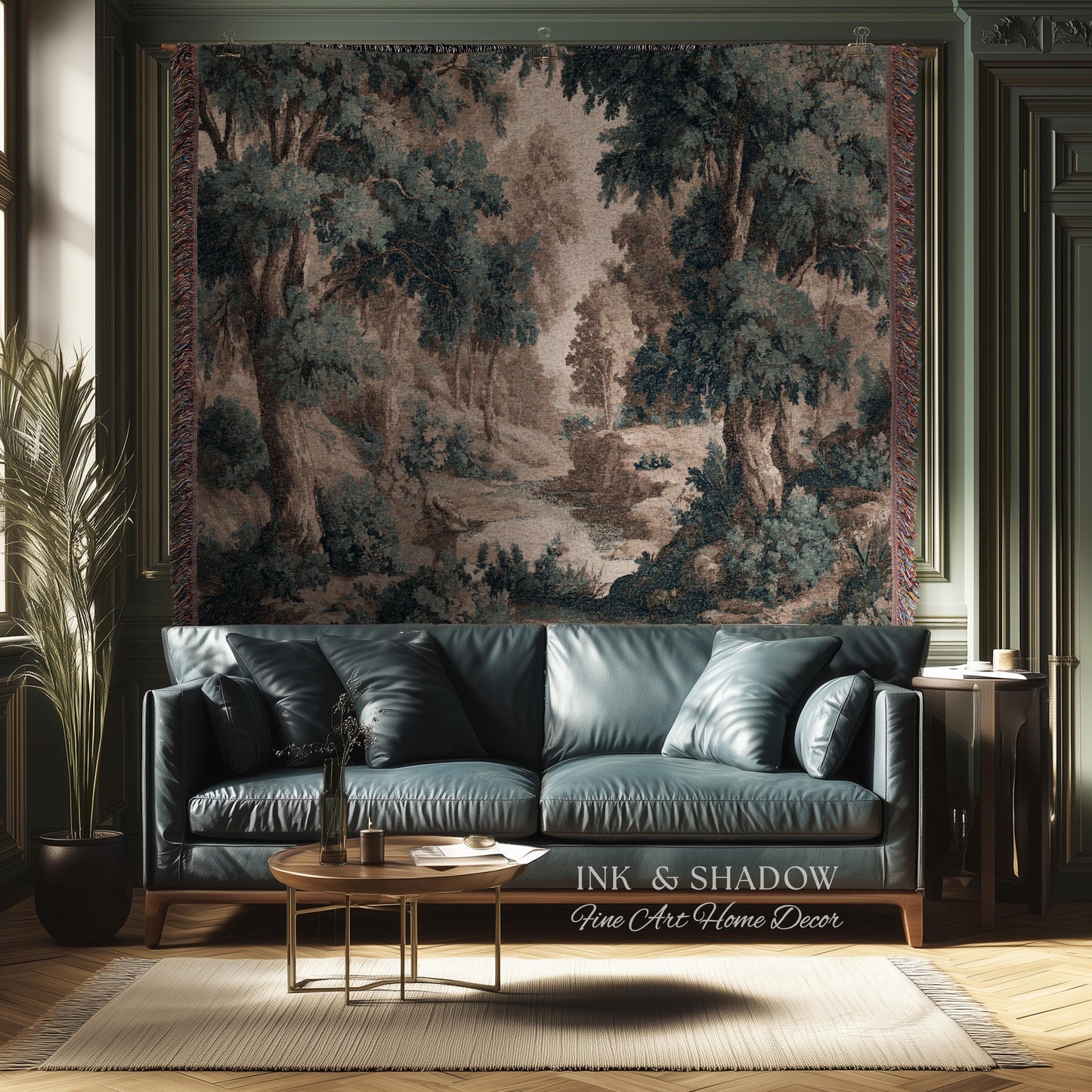 Rustic Landscape Forest River Art Woven Tapestry Throw | European Vintage Verdure Woodland Wall Decor French Jacquard Peaceful Nature Scene