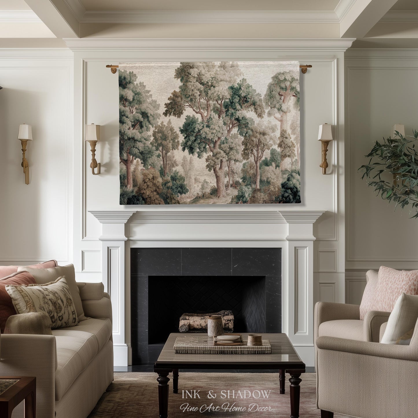 Misty Forest Verdure Tapestry Woven Wall Art | Painterly Tree Scene Classic European Throw Blanket French Country Woodland Interior Accent
