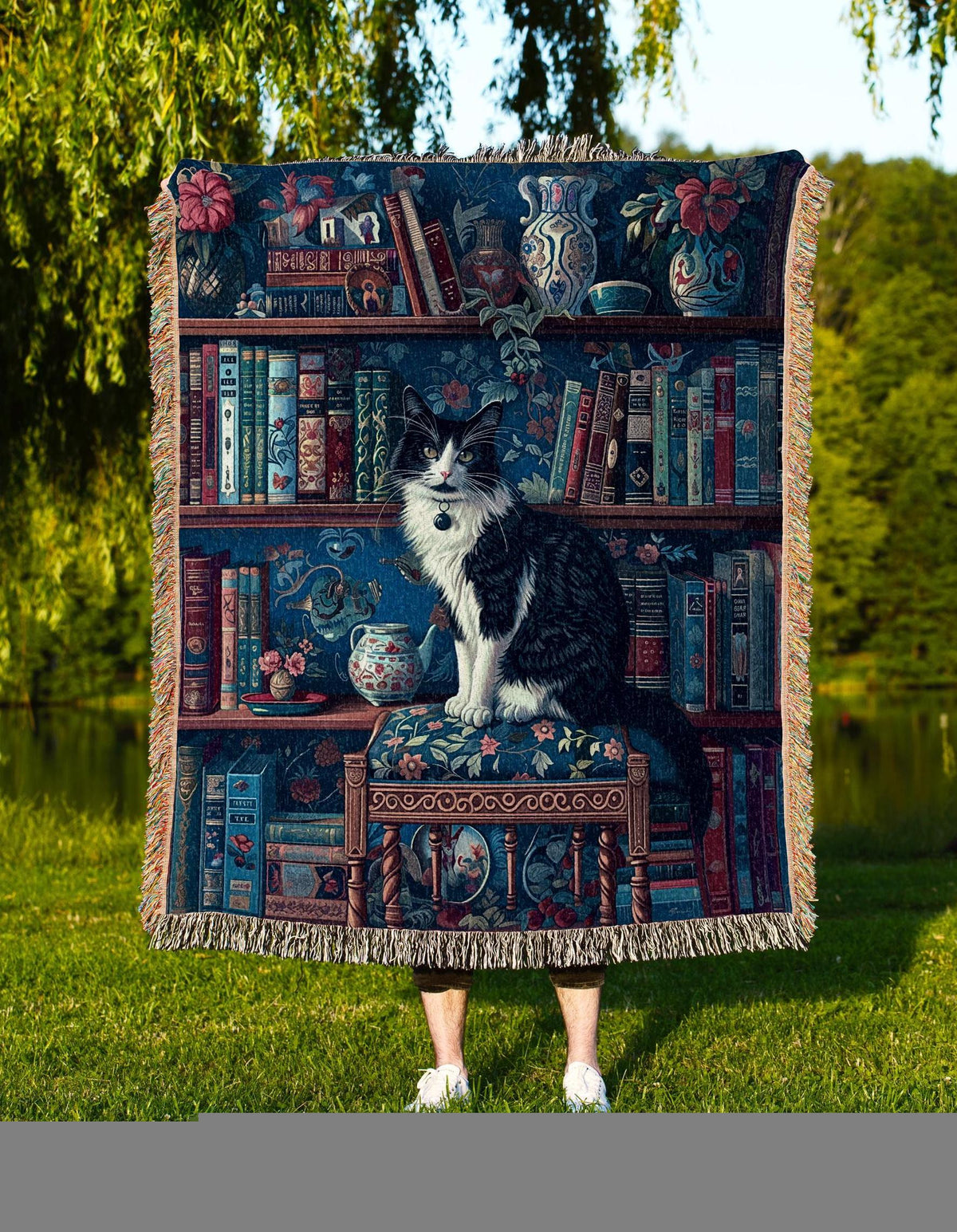 May include: A tapestry throw blanket featuring a detailed bookshelf design with a black and white cat perched on a decorative chair. The throw has a fringed edge and the text "INK & SHADOW Original Fine Art Throws" at the bottom.