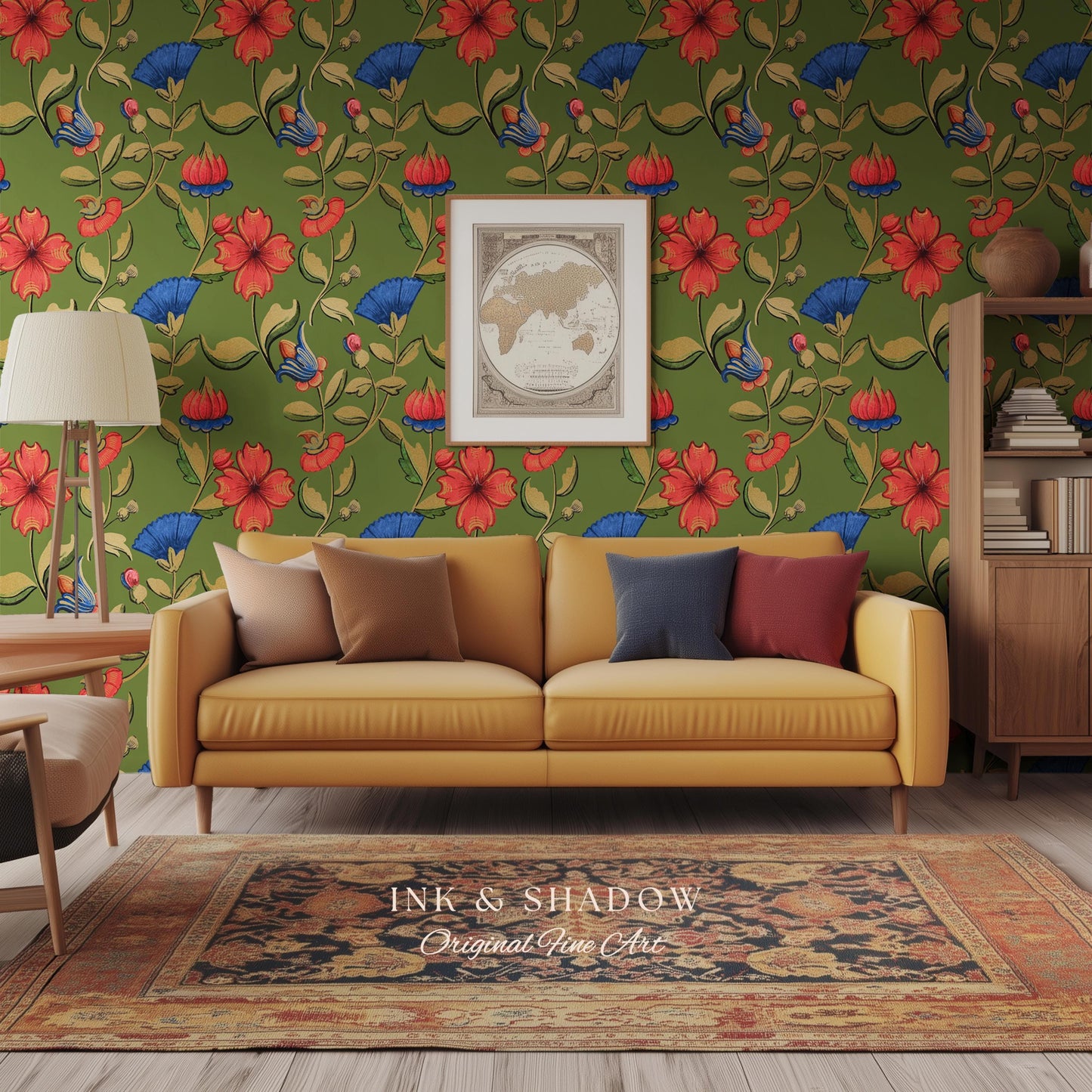 Vibrant Hibiscus Pattern Bold Wallpaper | Green Boho Botanical Folk Floral Home Decor Olive Wall Art Peel & Stick Vintage Inspired Statement