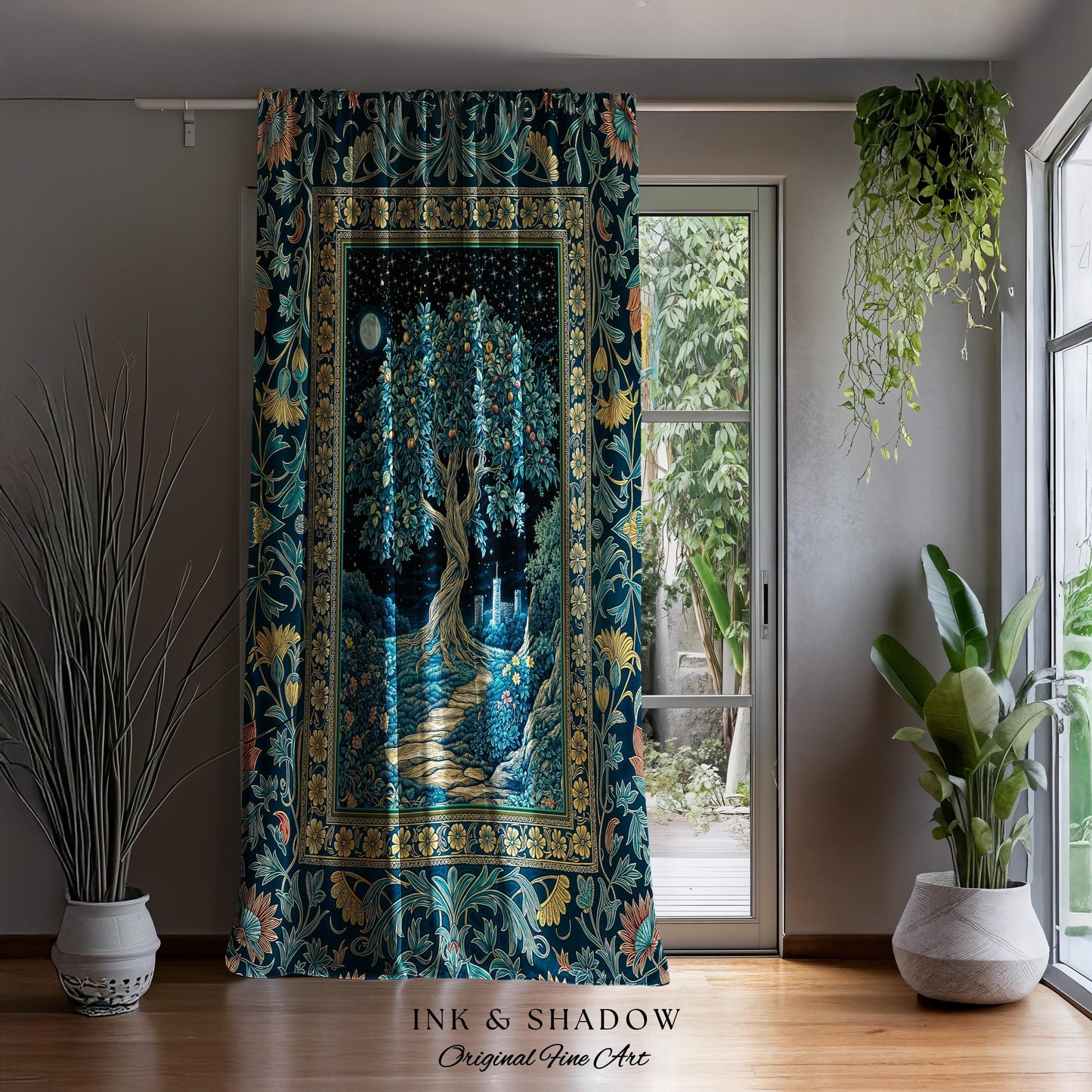 Enchanted Woodland Path Curtain | Dreamy Moonlit Medieval Garden Decor Celestial Willow Tree of Life Drapes Fantasy Style Gothic Academia