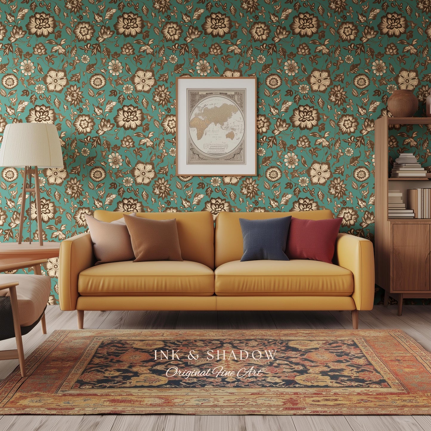 Bohemian Retro Heritage Wallpaper | Vintage Inspired Modern Folk Revival Teal Wall Art Sepia Floral Maximalism Renter Friendly Bedroom