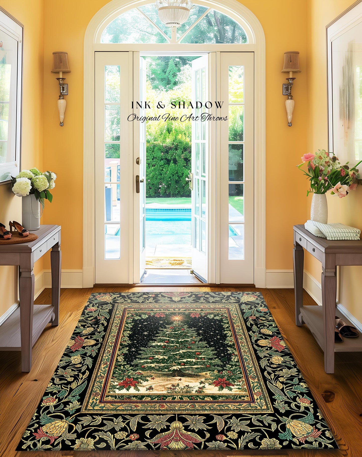 Sage Green Xmas Tree Rug | Cozy Winter Vintage Floor Art Victorian Style Festive Floral Decor Poinsettia Cottagecore Christmas Aesthetic