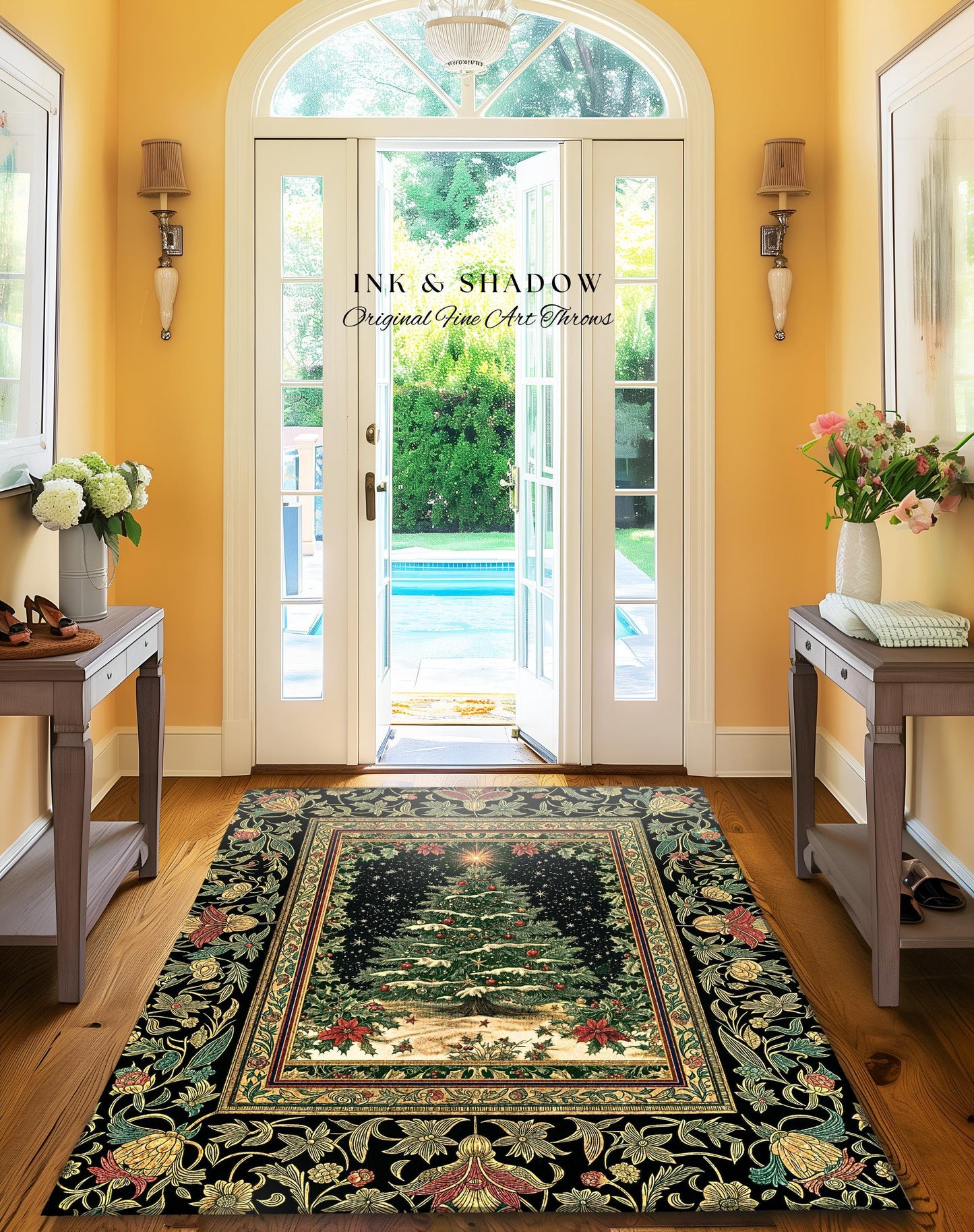 Sage Green Xmas Tree Rug | Cozy Winter Vintage Floor Art Victorian Style Festive Floral Decor Poinsettia Cottagecore Christmas Aesthetic