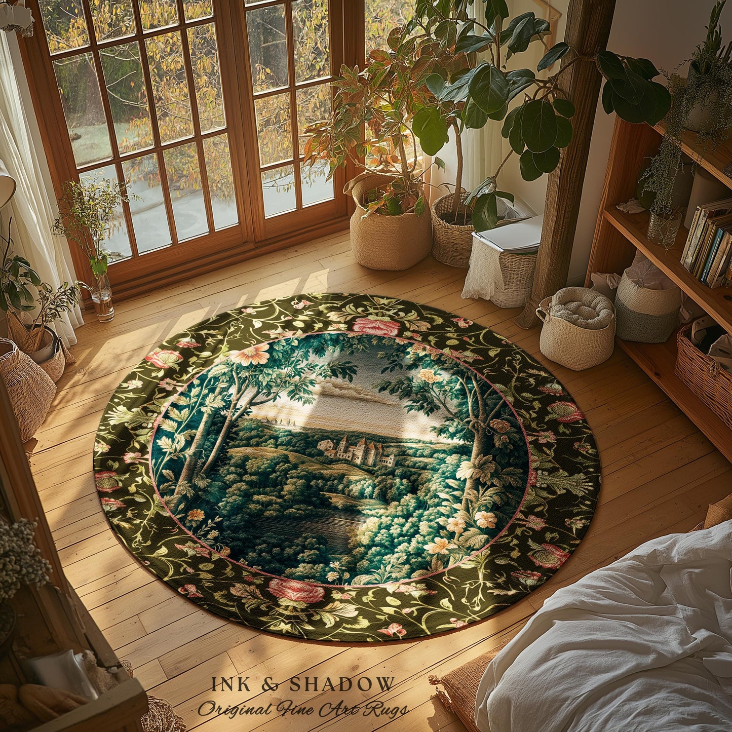Princess Medieval Accent Rug | Rustic Floral Landscape Whimsigoth Castle Ethereal Bedroom Aesthetic Area Rug Woodland Goth Romantic Coquette