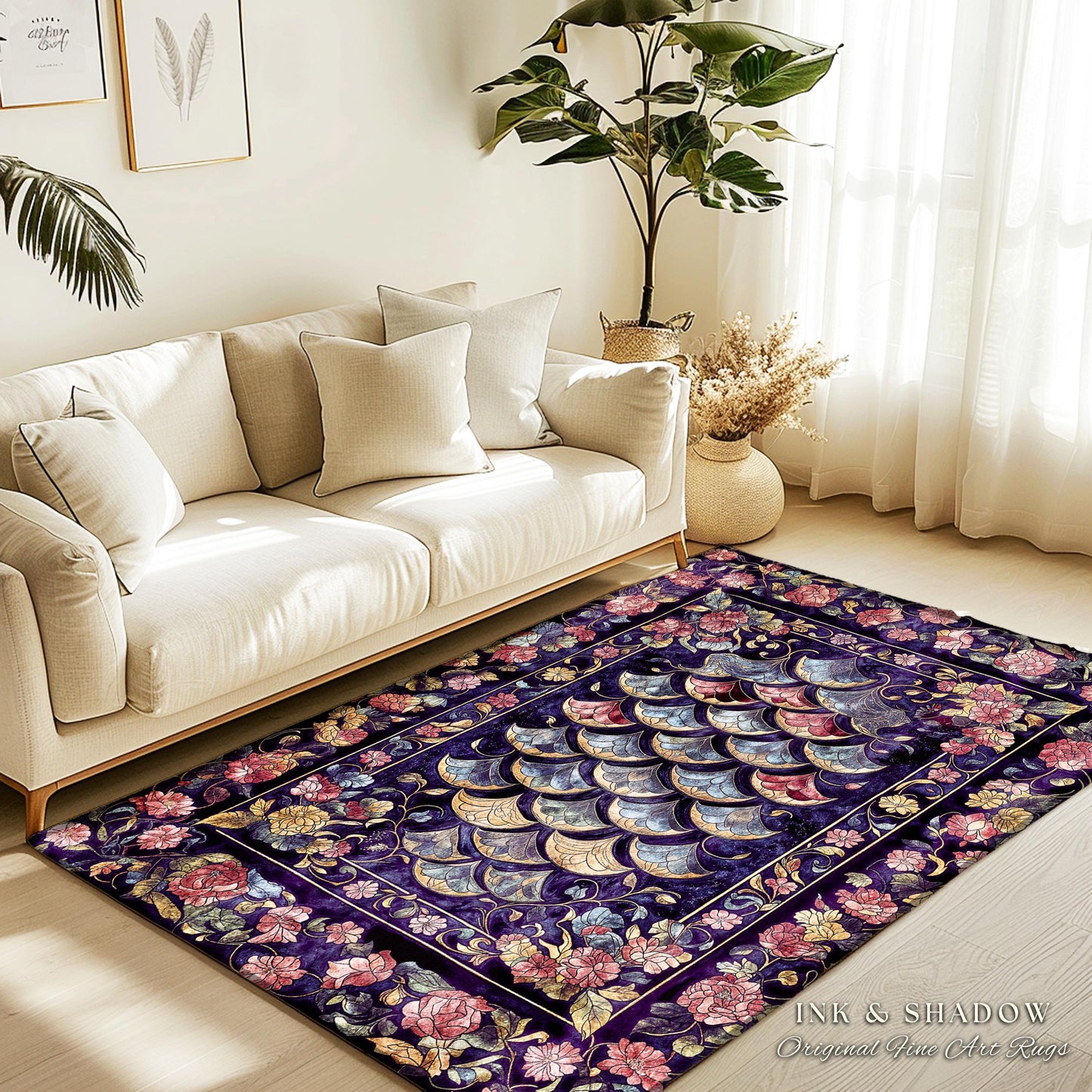 Princesscore Royal Dragon Scale Floral Ornate Accent Rug | Whimsical Fairytale Decor Dark Storybook Fairytale Medieval Folklore Floor Art