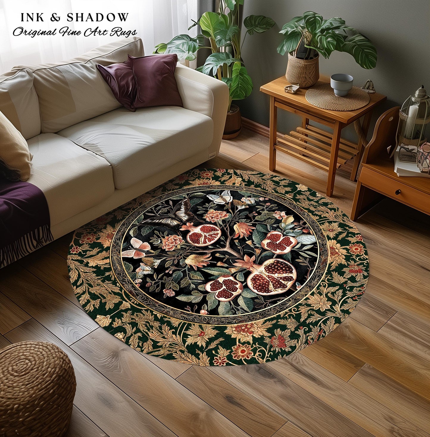 Victorian Gothic Floral Pomegranate Rug Dark Botanical Vintage Aesthetic Decor | Enchanted Forest Butterfly Moth Woodland Wildflower Art