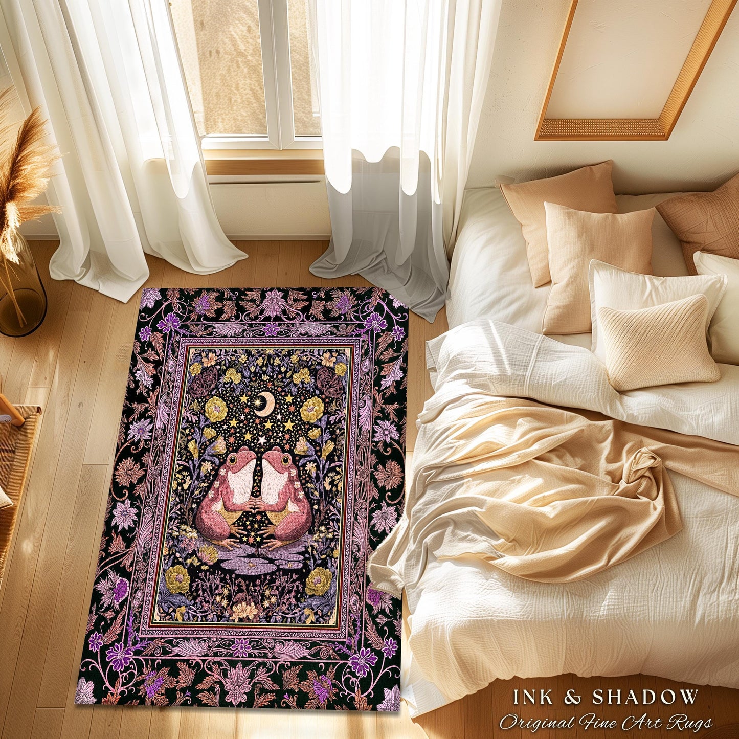 Pastel Goblincore Frog Couple Rug | Cottagecore Area Decor Whimsigothic Style Enchanted Forest Fairycore Bedroom Dark Botanical Whimsy Boho