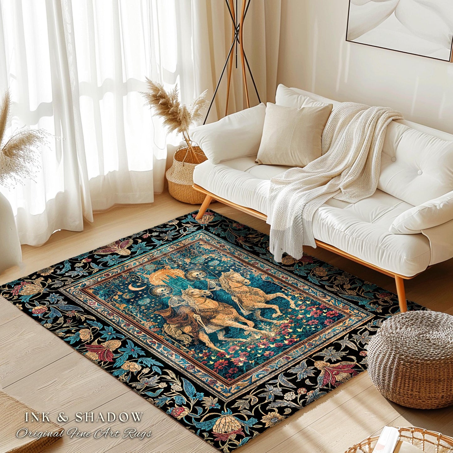 Golden Starlight Skeleton Accent Rug | Baroque Gothic Garden Castle Scene Celestial Horsemen Dreamy Floral Fantasy Macabre Couple Home Decor