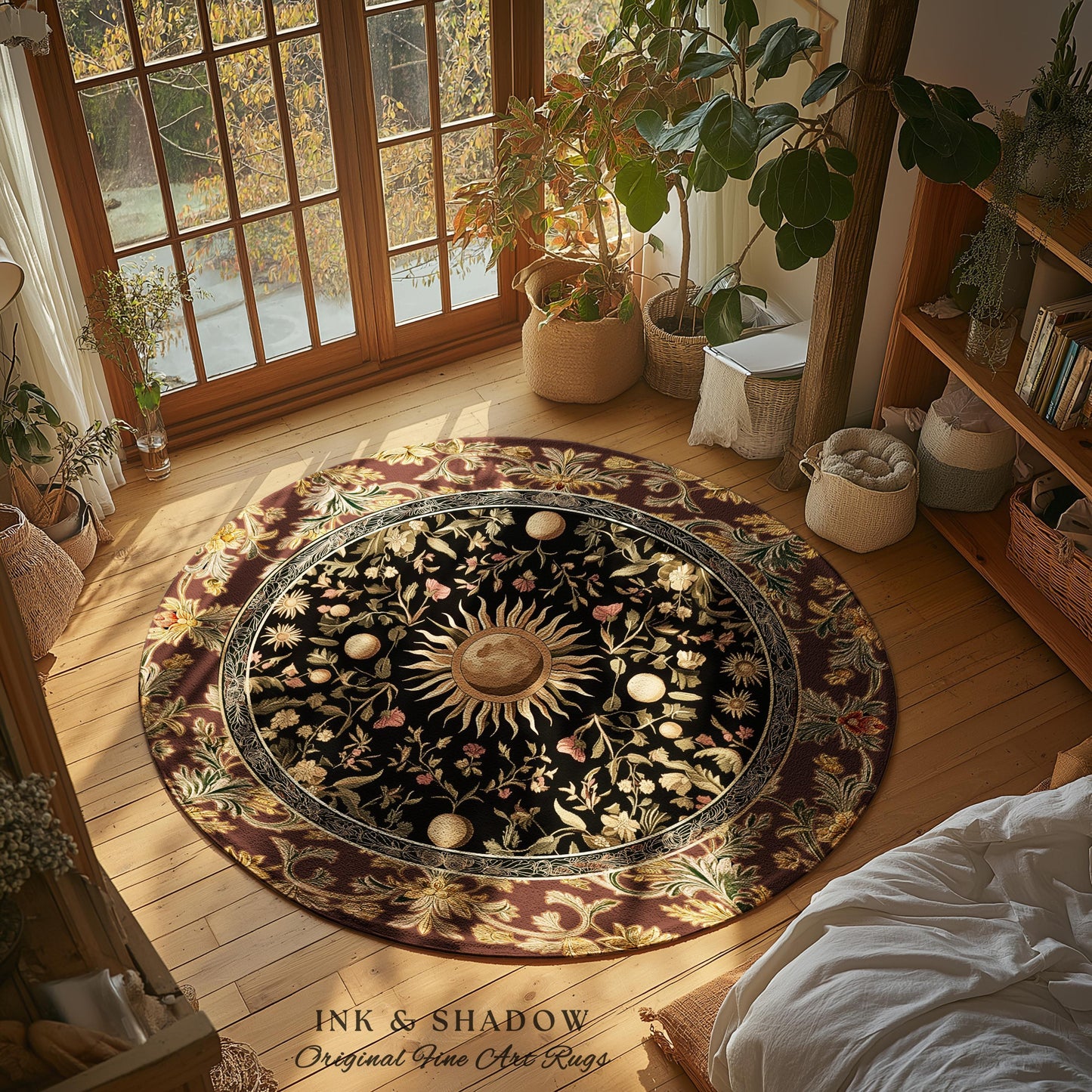 Dark Skies Celestial Area Rug | Enchanted Celestial Witchy Astrology Boho Maximalist Decor Sun and Moon Tarot Inspired Gothic Home Accent