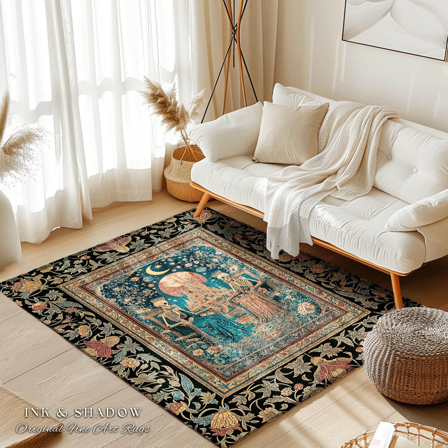 Golden Garden Skeleton Couple Rug | Celestial Gothic Lovers Moonlit Romance Baroque Floral Gothic Fairytale Magic Bedroom Accent Rug Mystic