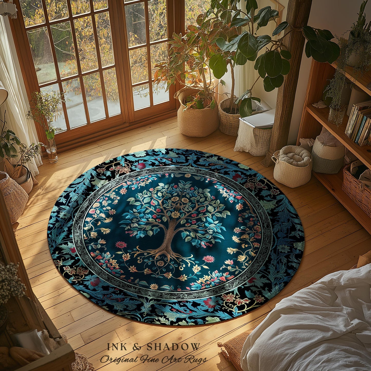 Moody Gothic Blues Tree of Life Rug | Mystical Garden Theme Vintage Floral Decor Romantic Folk Art Forestcore Maximalist Style Bedroom |