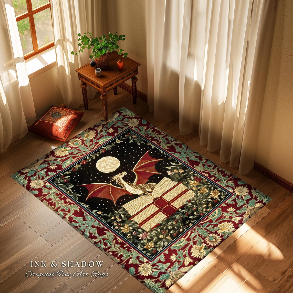 Baroque Maximalist Dragon Lover Rug | Dark Academia Reading Corner Area Rug Ethereal Bedroom Whimsigothic Enchanting Home Accent Boho Gothic