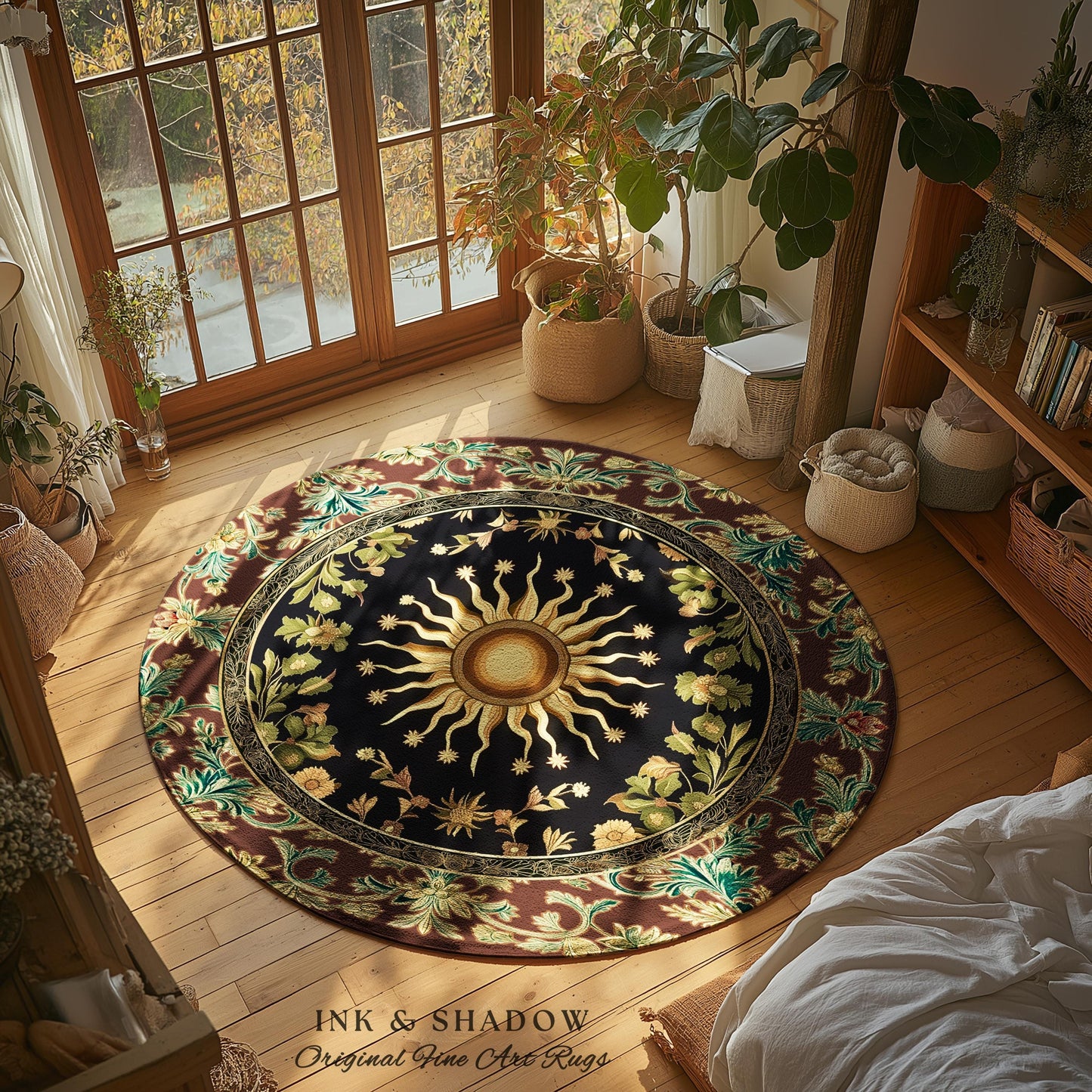 Ethereal Energy Celestial Bedroom Rug | Mystic Boho Maximalist Astrology Inspired Witchy Sun and Moon Gothic Tarot Aesthetic Enchanted Decor